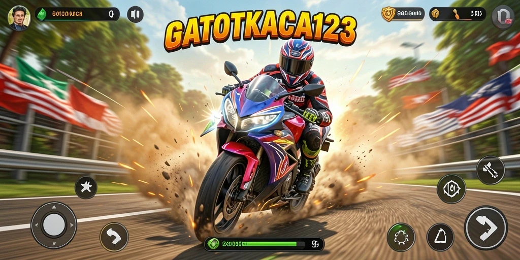 Gameplay seru GATOTKACA123 dengan balapan motor yang mendebarkan.